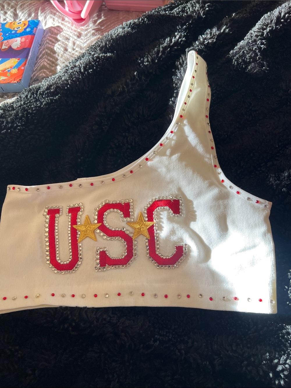 USC White One-Shoulder Crop Top with Red & Gold Accents